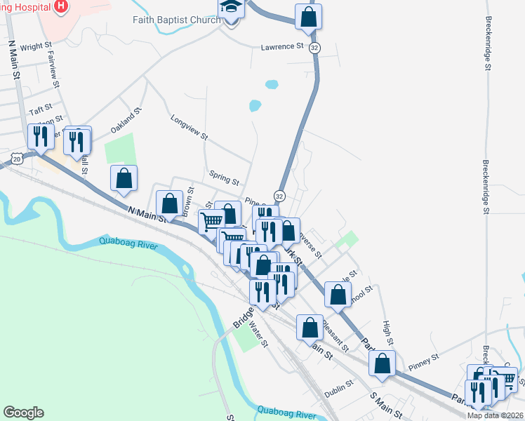 map of restaurants, bars, coffee shops, grocery stores, and more near 40 Knox Street in Palmer
