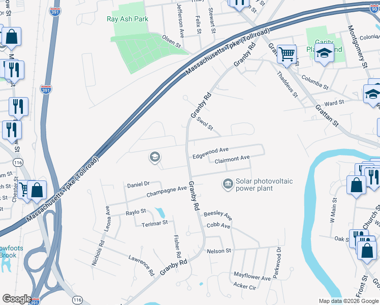 map of restaurants, bars, coffee shops, grocery stores, and more near 28 Edgewood Avenue in Chicopee