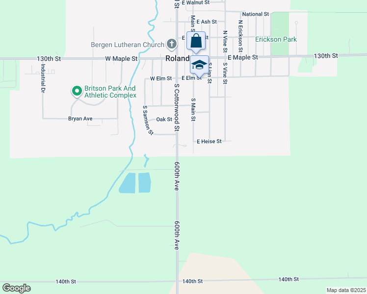 map of restaurants, bars, coffee shops, grocery stores, and more near 518 South Cottonwood Street in Roland