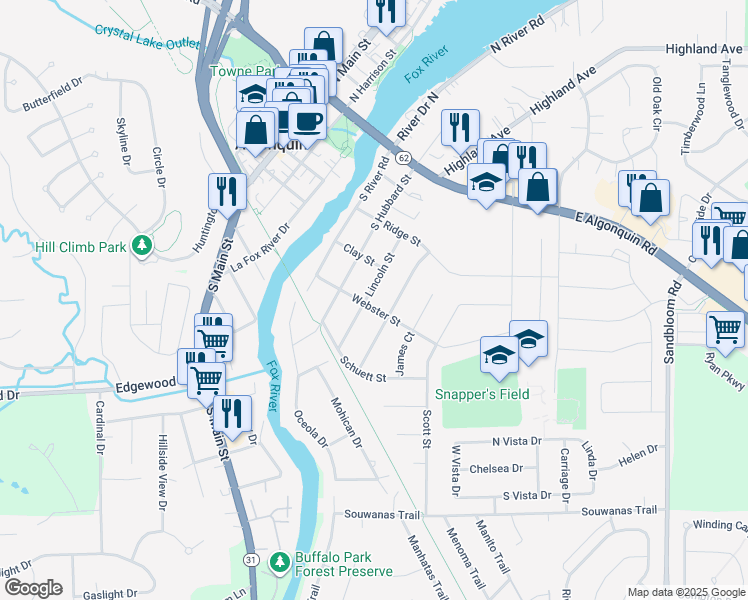 map of restaurants, bars, coffee shops, grocery stores, and more near 433 Lincoln Street in Algonquin