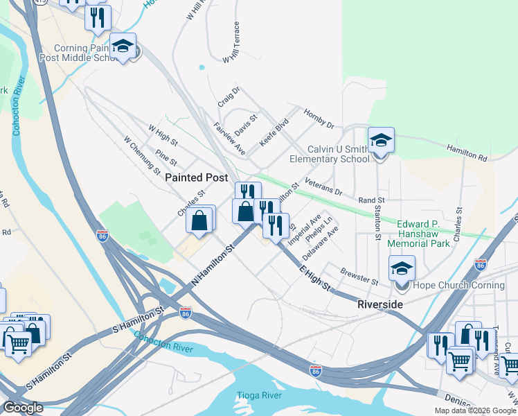 map of restaurants, bars, coffee shops, grocery stores, and more near 122 West High Street in Painted Post