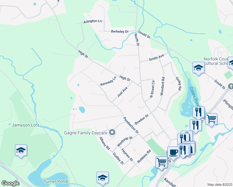 map of restaurants, bars, coffee shops, grocery stores, and more near 13 Joal Avenue in Walpole