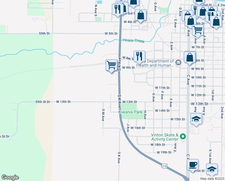 map of restaurants, bars, coffee shops, grocery stores, and more near 1202 West 11th Street in Vinton