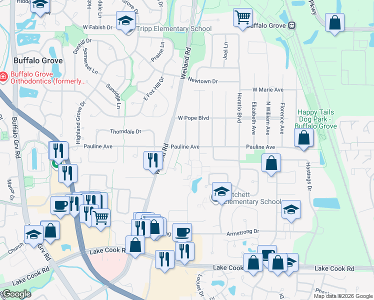 map of restaurants, bars, coffee shops, grocery stores, and more near 421 Raymond Road in Lincolnshire