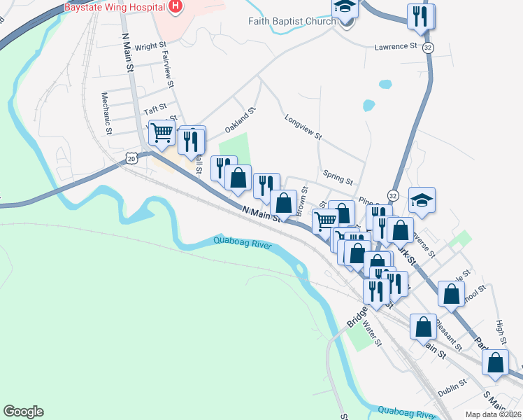 map of restaurants, bars, coffee shops, grocery stores, and more near 5 Rockview Street in Palmer