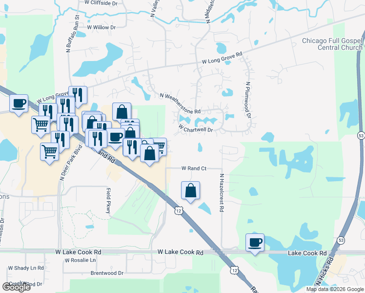 map of restaurants, bars, coffee shops, grocery stores, and more near 20451 North Plum Grove Road in Palatine