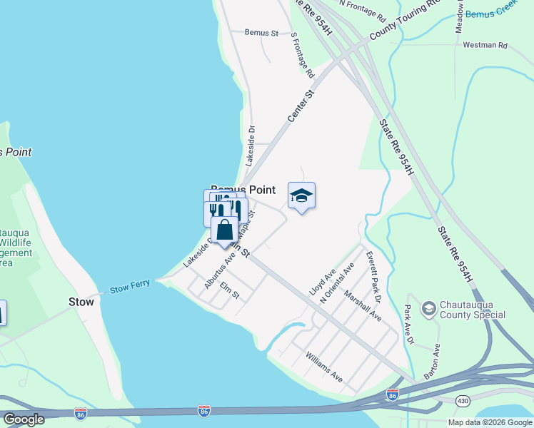 map of restaurants, bars, coffee shops, grocery stores, and more near 25 Sunnyside Ave in Bemus Point