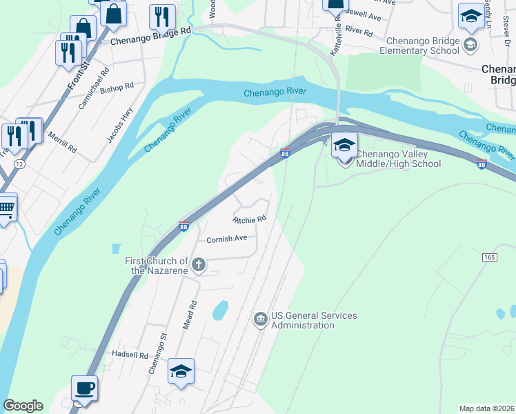 map of restaurants, bars, coffee shops, grocery stores, and more near 29 Ritchie Road in Binghamton