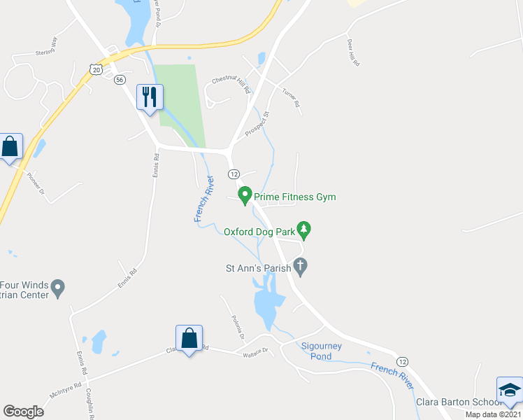 map of restaurants, bars, coffee shops, grocery stores, and more near 6 Maple Avenue in Oxford