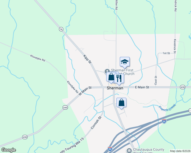 map of restaurants, bars, coffee shops, grocery stores, and more near 119 Kipp Street in Sherman
