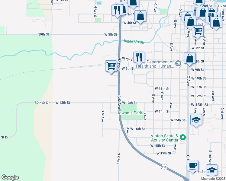 map of restaurants, bars, coffee shops, grocery stores, and more near 1202 W 11th St in Vinton