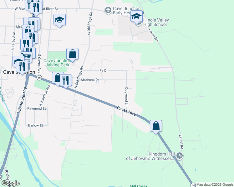 map of restaurants, bars, coffee shops, grocery stores, and more near 730 Caves Highway in Cave Junction