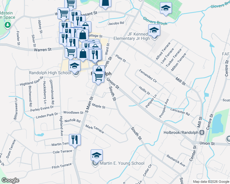 map of restaurants, bars, coffee shops, grocery stores, and more near 43 South Street in Randolph
