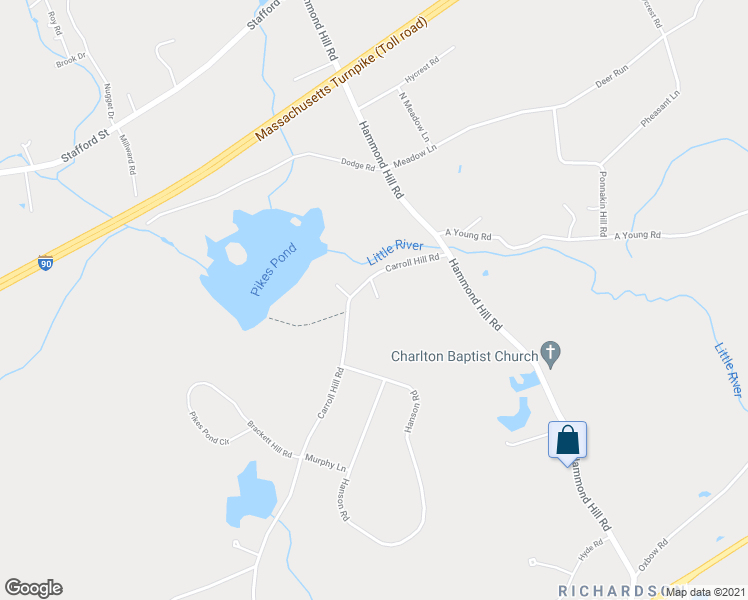 map of restaurants, bars, coffee shops, grocery stores, and more near 19 Carroll Hill Road in Charlton