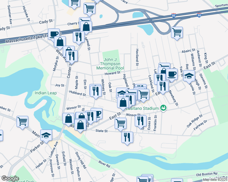 map of restaurants, bars, coffee shops, grocery stores, and more near 17 Walnut Street in Ludlow