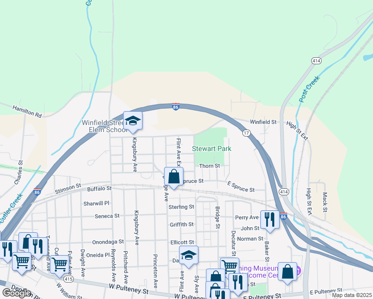 map of restaurants, bars, coffee shops, grocery stores, and more near 69 N Franklin St in Corning