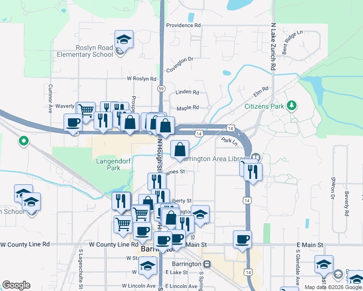 map of restaurants, bars, coffee shops, grocery stores, and more near 563 Shorely Drive in Barrington