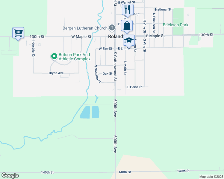 map of restaurants, bars, coffee shops, grocery stores, and more near 518 South Cottonwood Street in Roland