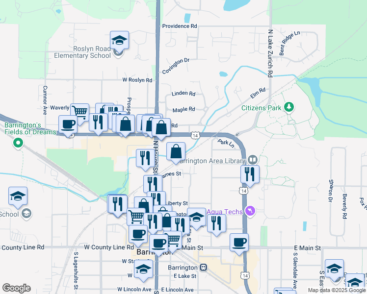 map of restaurants, bars, coffee shops, grocery stores, and more near 560 Shorely Drive in Barrington