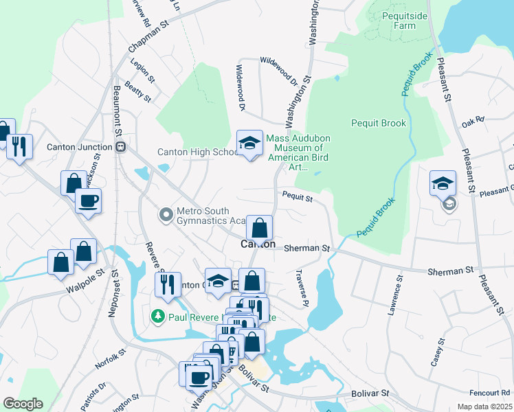 map of restaurants, bars, coffee shops, grocery stores, and more near 30 Endicott Street in Canton