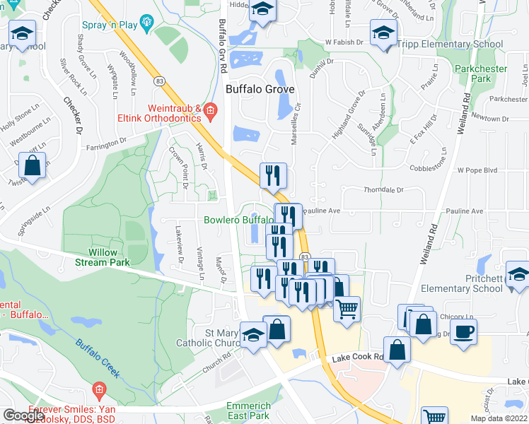 map of restaurants, bars, coffee shops, grocery stores, and more near 362 Town Place Circle in Buffalo Grove