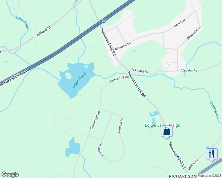 map of restaurants, bars, coffee shops, grocery stores, and more near 19 Carroll Hill Road in Charlton