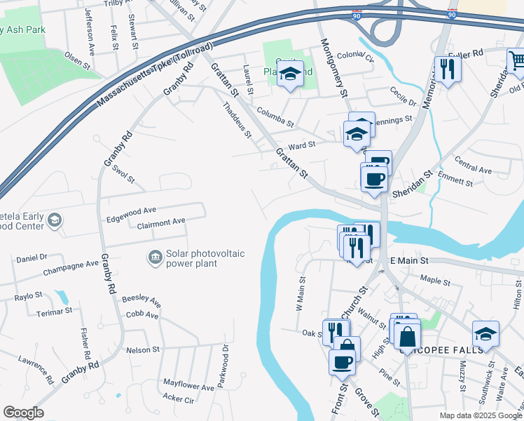 map of restaurants, bars, coffee shops, grocery stores, and more near 27 Brays Street in Chicopee