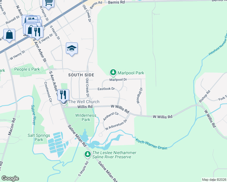 map of restaurants, bars, coffee shops, grocery stores, and more near 467 Springbrook Crescent in Saline