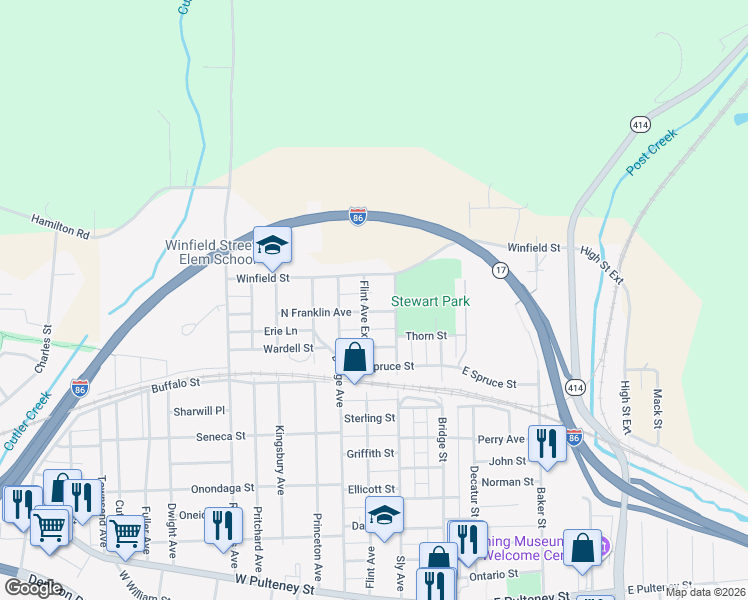 map of restaurants, bars, coffee shops, grocery stores, and more near 69 N Franklin St in Corning