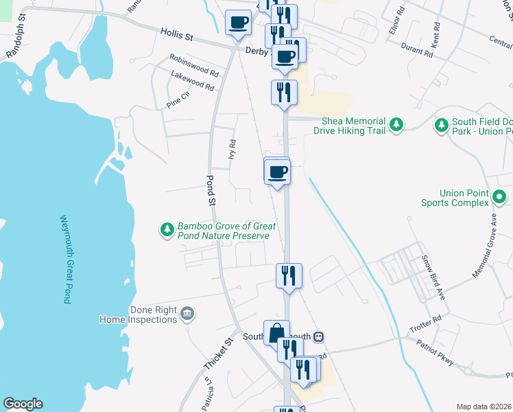 map of restaurants, bars, coffee shops, grocery stores, and more near 77 Clarendon Street in Weymouth