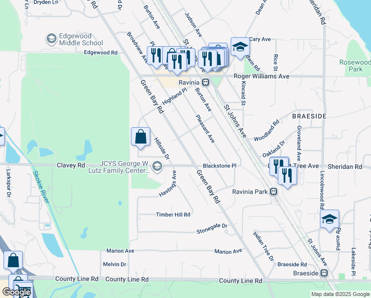 map of restaurants, bars, coffee shops, grocery stores, and more near 444 Green Bay Road in Highland Park