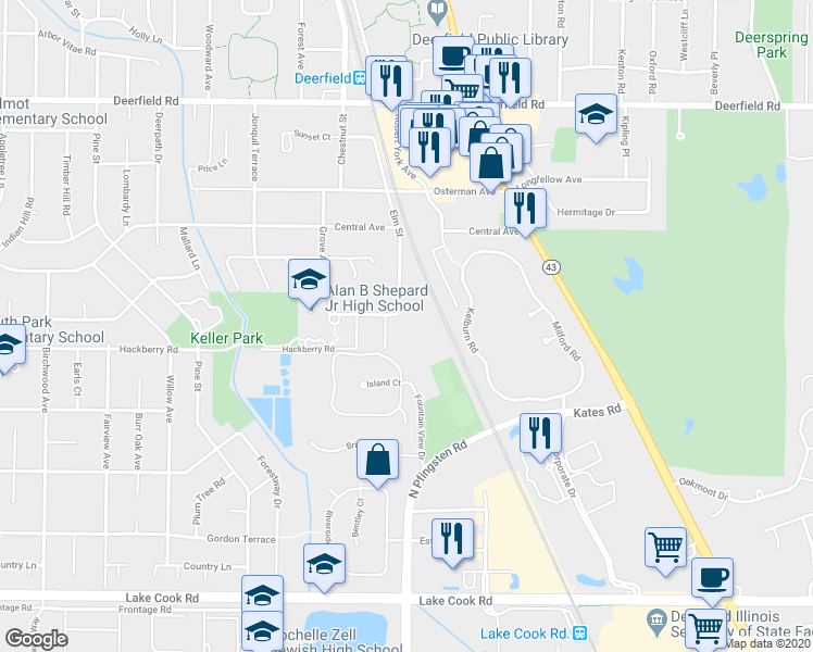 map of restaurants, bars, coffee shops, grocery stores, and more near 423 Elm Street in Deerfield