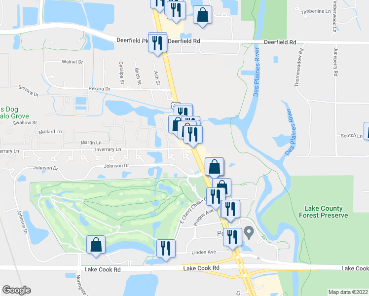 map of restaurants, bars, coffee shops, grocery stores, and more near 110 Inverrary Lane in Deerfield