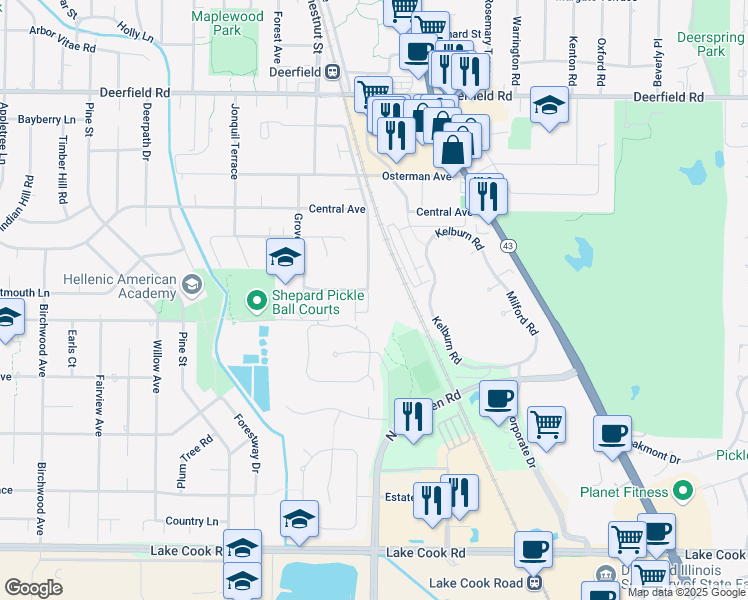map of restaurants, bars, coffee shops, grocery stores, and more near 423 Elm Street in Deerfield