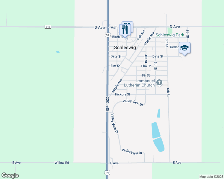 map of restaurants, bars, coffee shops, grocery stores, and more near 615 Maple Avenue in Schleswig