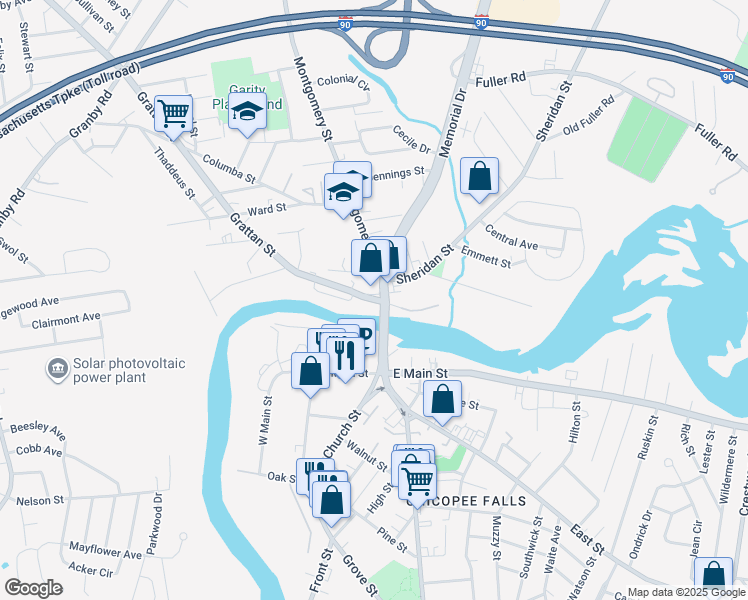 map of restaurants, bars, coffee shops, grocery stores, and more near 33 Grattan Street in Chicopee