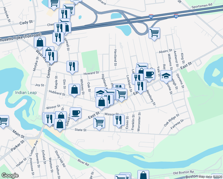 map of restaurants, bars, coffee shops, grocery stores, and more near 38 Prospect Street in Ludlow