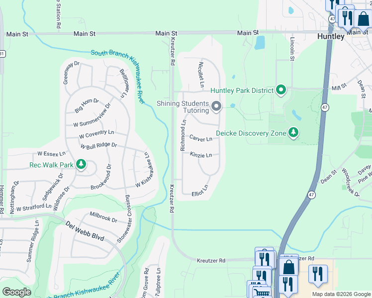 map of restaurants, bars, coffee shops, grocery stores, and more near 11623 Clark Lane in Huntley
