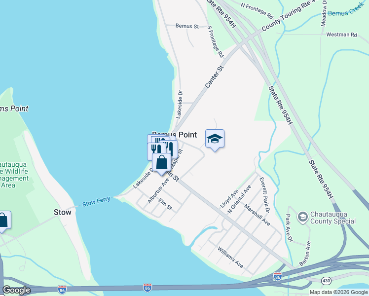 map of restaurants, bars, coffee shops, grocery stores, and more near 25 Sunnyside Avenue in Bemus Point