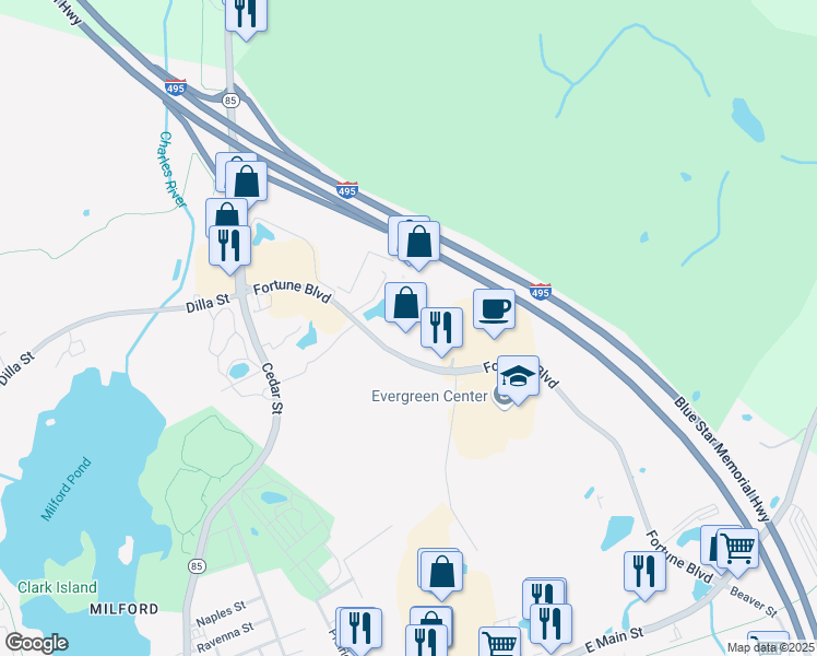 map of restaurants, bars, coffee shops, grocery stores, and more near 220 Fortune Boulevard in Milford