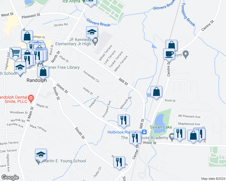 map of restaurants, bars, coffee shops, grocery stores, and more near 6 Hart Circle in Randolph