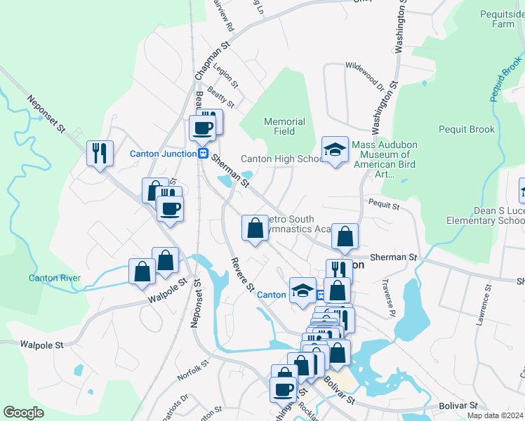 map of restaurants, bars, coffee shops, grocery stores, and more near 3 Dewitt Avenue in Canton