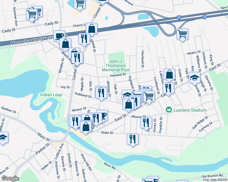 map of restaurants, bars, coffee shops, grocery stores, and more near 120 Whitney Street in Ludlow