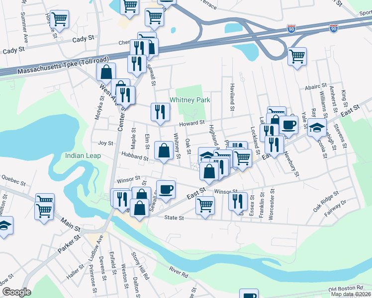 map of restaurants, bars, coffee shops, grocery stores, and more near 43 Oak Street in Ludlow