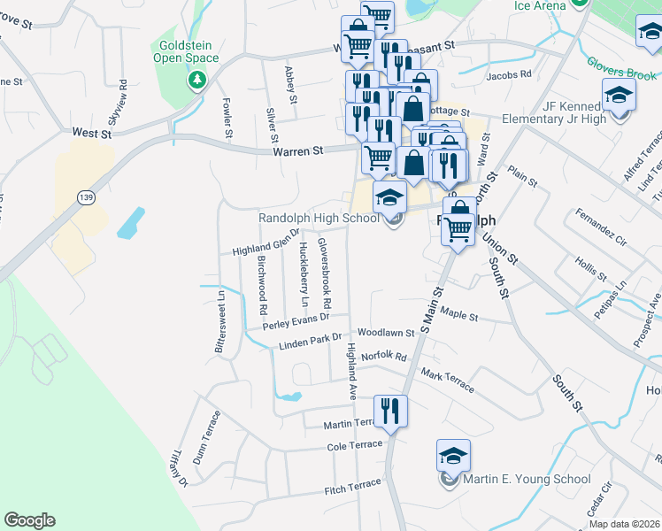 map of restaurants, bars, coffee shops, grocery stores, and more near 75 Highland Avenue in Randolph