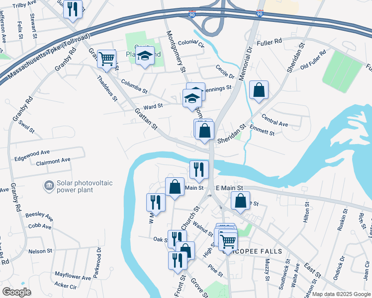 map of restaurants, bars, coffee shops, grocery stores, and more near 33 Grattan Street in Chicopee