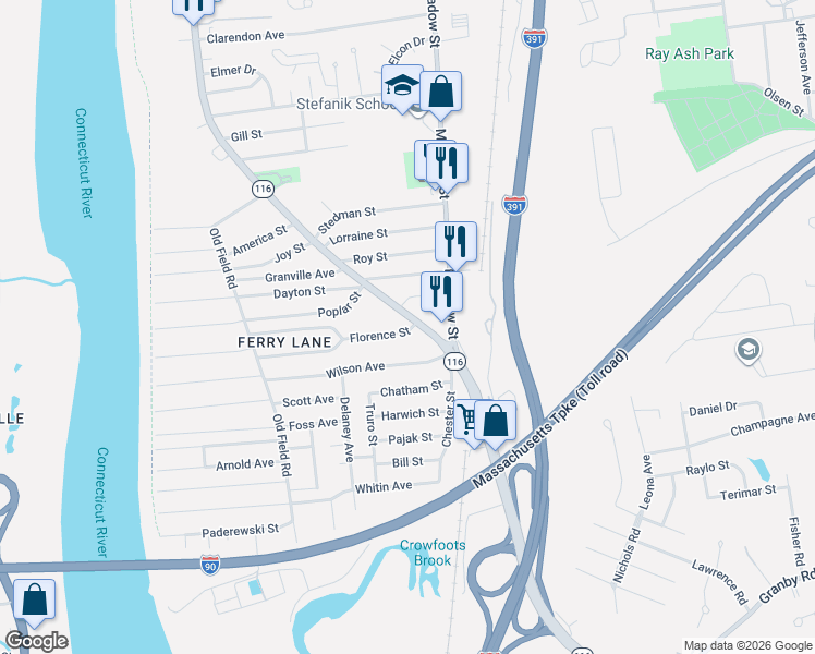 map of restaurants, bars, coffee shops, grocery stores, and more near 168 Chicopee Street in Chicopee