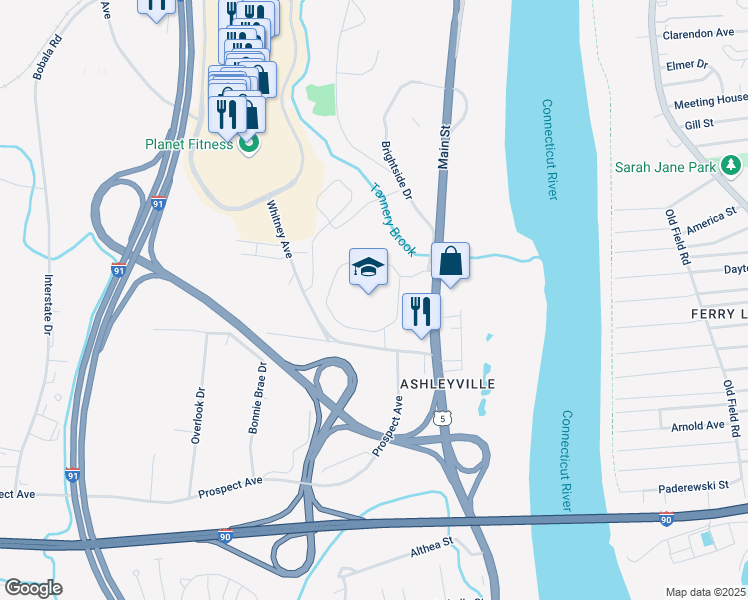 map of restaurants, bars, coffee shops, grocery stores, and more near 2112 Riverdale St in West Springfield