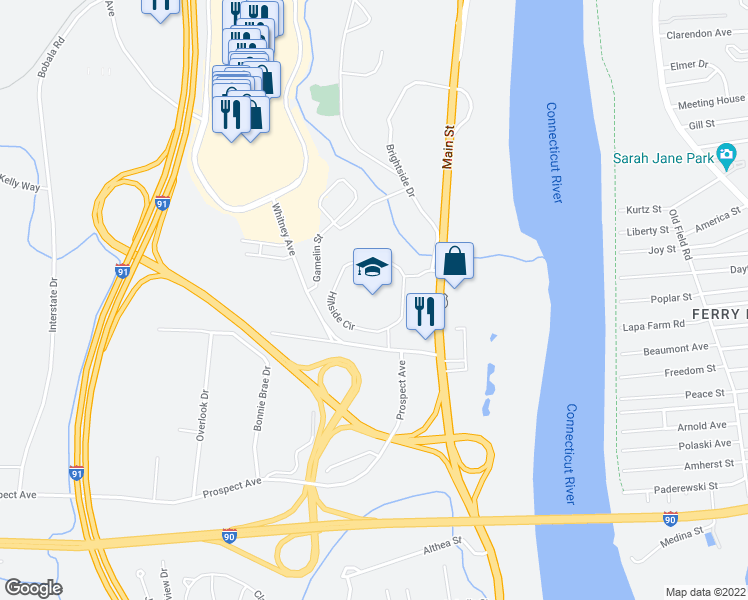 map of restaurants, bars, coffee shops, grocery stores, and more near 2112 Riverdale St in West Springfield