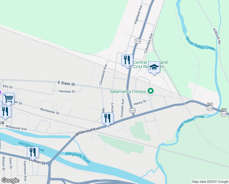 map of restaurants, bars, coffee shops, grocery stores, and more near 102 Lincoln Avenue in Salamanca